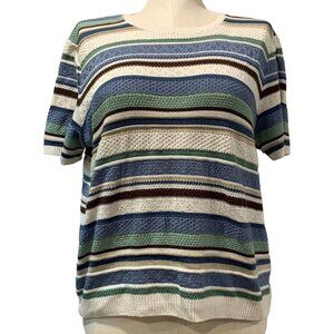 Alfred Dunner Striped Short Sleeve Knit Top Blue Green Lightweight Sweater Sz XL